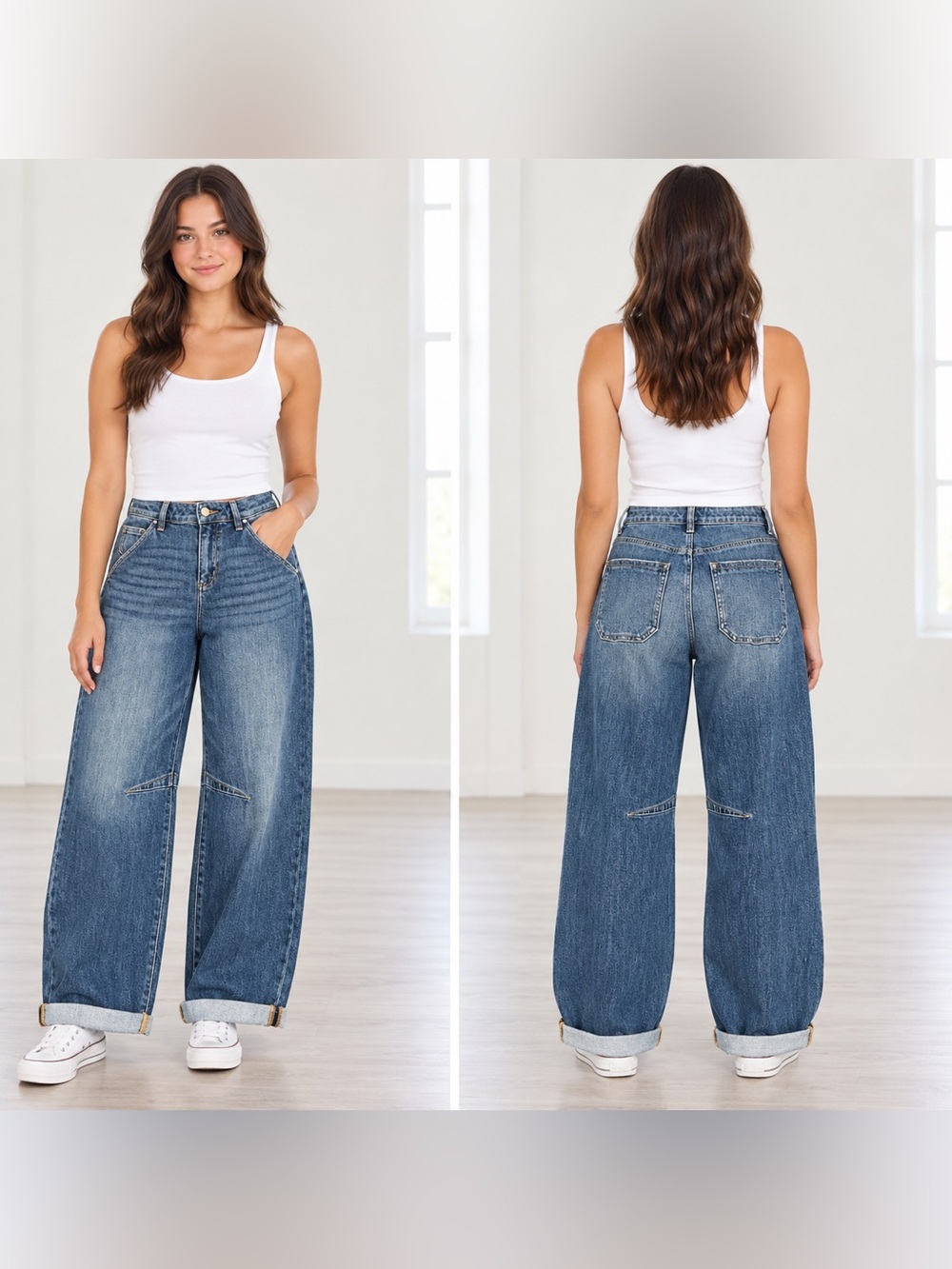 RISEN Jeans Womens 3/26 High Rise Barrel Cuffed Crop Jeans Medium Wash